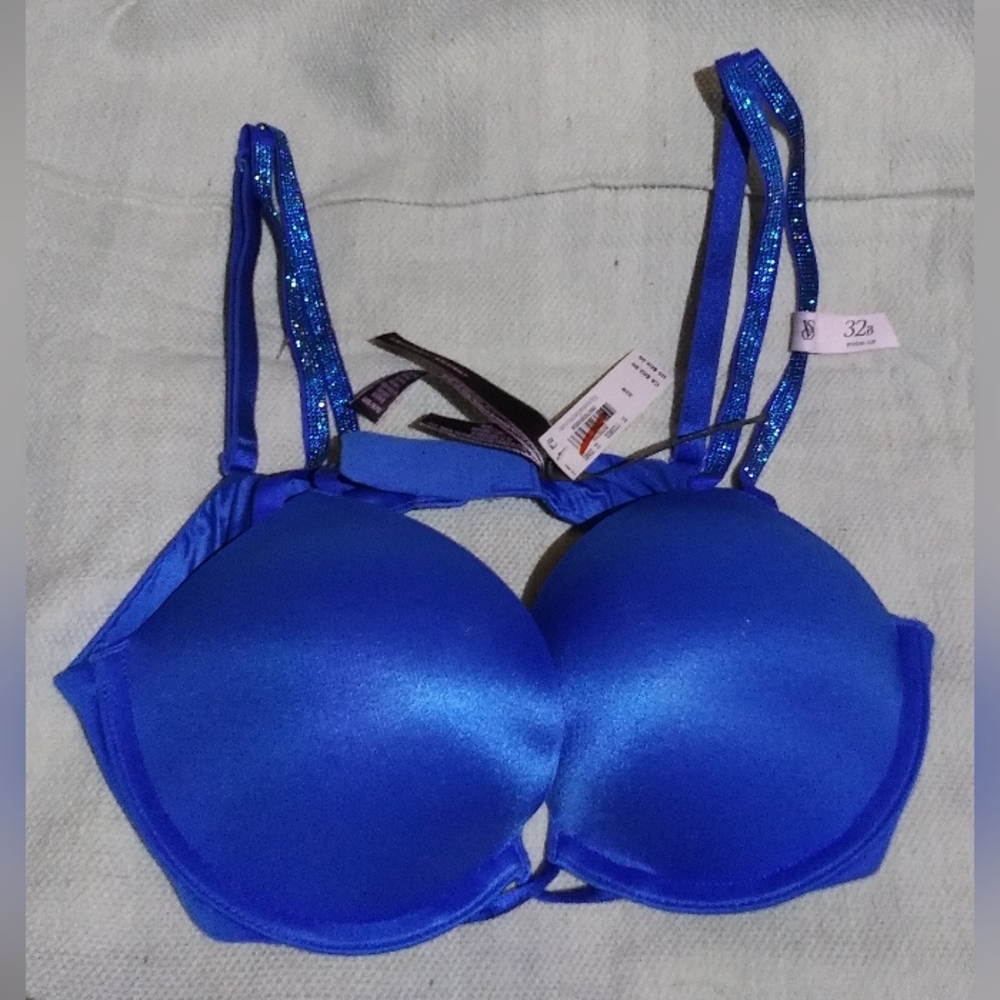 Blue Victoria's Secret Shimmering Rhinestone Strap Push-up Bra